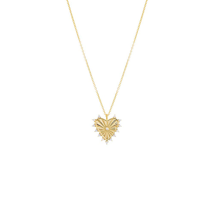 Gold CZ Rimmed Ridged Heart Pendant Necklace - Adina Eden's Jewels