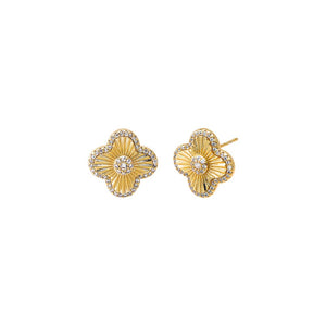 Gold Pave CZ Ridged Four Leaf Clover Stud Earring - Adina Eden's Jewels