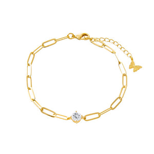 Gold CZ Solitaire Four Prong Paperclip Bracelet - Adina Eden's Jewels