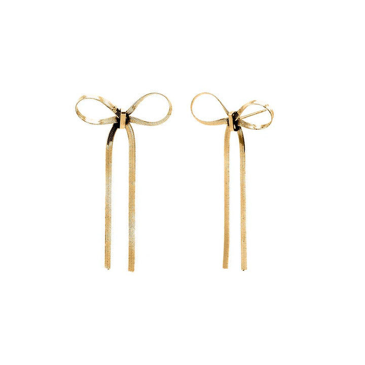 Gold Herringbone Bow Tie Drop Stud Earring - Adina Eden's Jewels