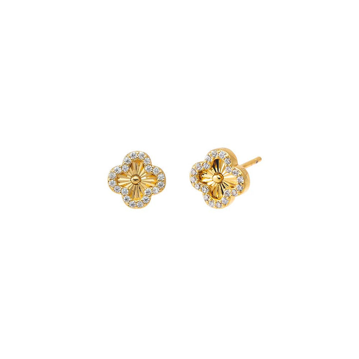 Gold Pave Outlined Ridged Clover Stud Earring - Adina Eden's Jewels