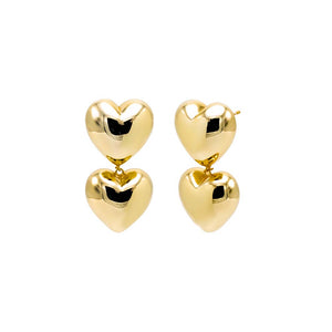 Gold Solid Double Puffy Heart Drop Stud Earring - Adina Eden's Jewels