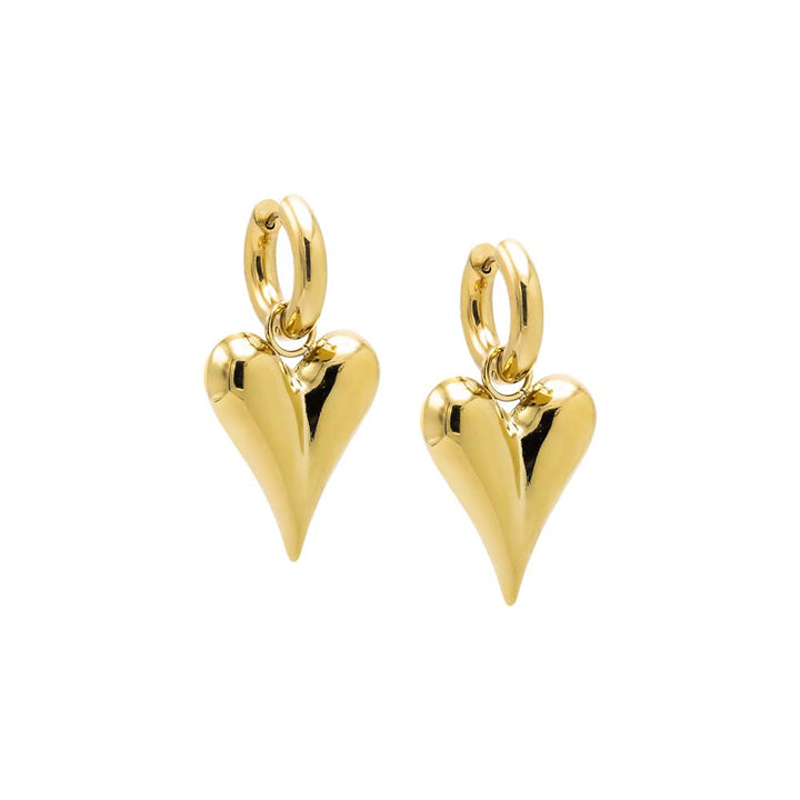 Gold Solid Puffy Elongated Heart Dangle Huggie Earring - Adina Eden's Jewels