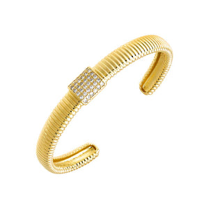 Gold Pave Accented Ridged Open Bangle Bracelet - Adina Eden's Jewels