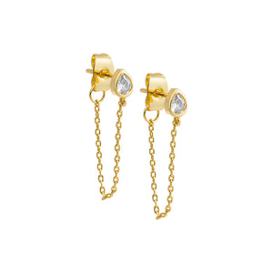 Gold CZ Teardrop Bezel Drop Chain Stud Earring - Adina Eden's Jewels