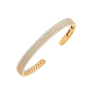 Gold Solid/Pave Triple Row Open Bangle Bracelet - Adina Eden's Jewels