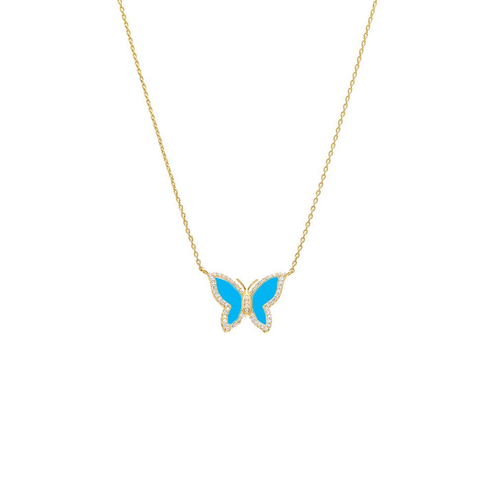 Turquoise Pave Outline Colored Stone Butterfly Necklace - Adina Eden's Jewels