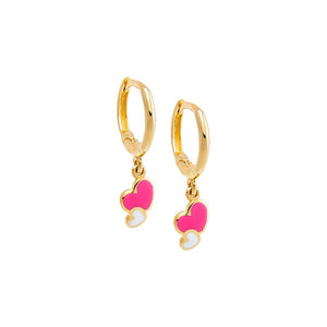 Pink Kids Enamel Double Heart Dangling Huggie Earring 14K - Adina Eden's Jewels