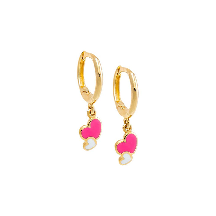 Pink Kids Enamel Double Heart Dangling Huggie Earring 14K - Adina Eden's Jewels