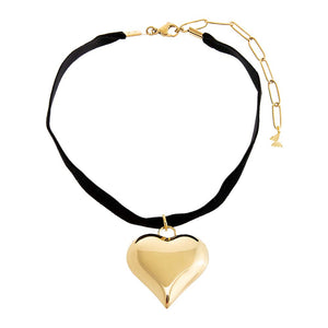 Gold Small Puffy Heart Necklace Black Velvet Choker - Adina Eden's Jewels