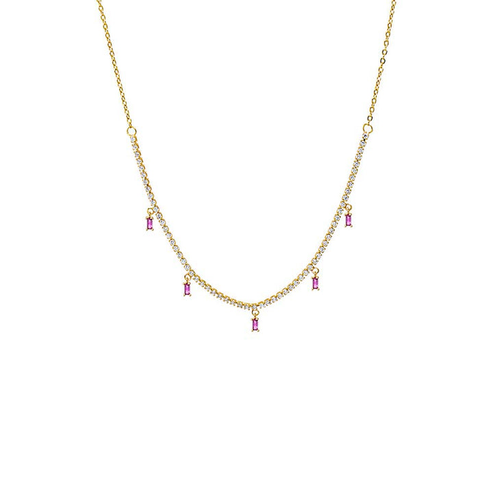 Rose Pink Colored Dangling Baguette Half Tennis Necklace - Adina Eden's Jewels