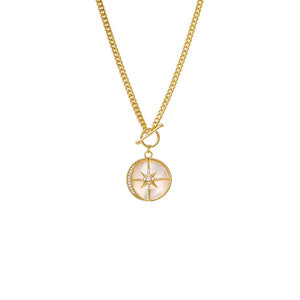 Mother Of Pearl Pave Outlined Mother Of Pearl Compass Coin Necklace - Adina Eden's Jewels