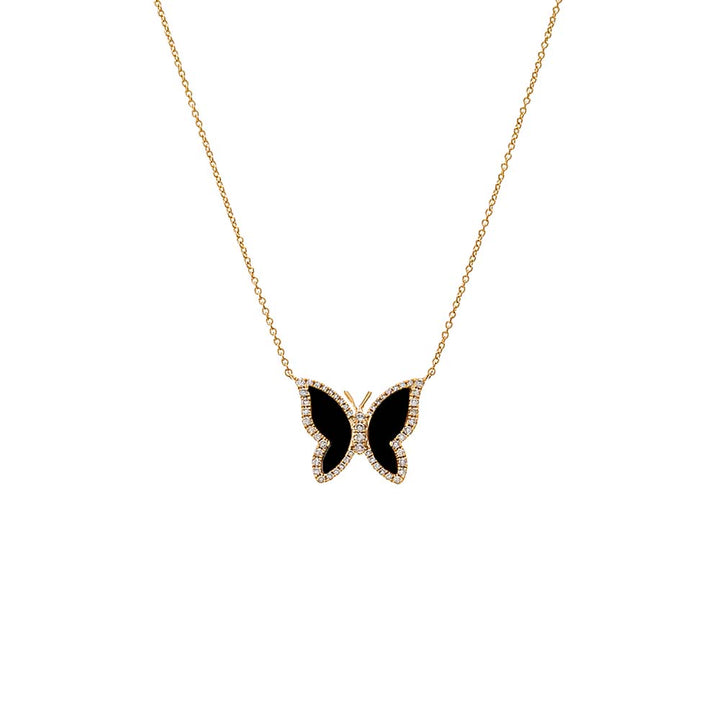 Onyx Pavé Diamond Outline Stone Butterfly Necklace 14K - Adina Eden's Jewels