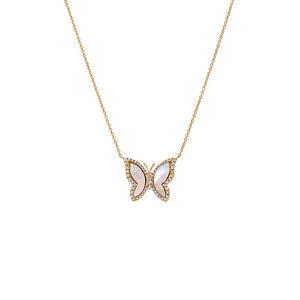 Mother of Pearl Pavé Diamond Outline Stone Butterfly Necklace 14K - Adina Eden's Jewels