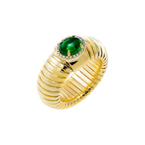 Emerald Green / 8 Pave Outlined Colored Stone Wide Ridged Band Ring - Adina Eden's Jewels