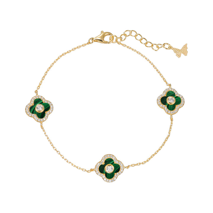 Malachite Multi Pave Outlined Colored Stone Clover Bracelet - Adina Eden's Jewels