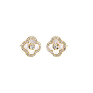 Mother of Pearl Pave Outlined Colored Stone Clover Stud Earring - Adina Eden's Jewels