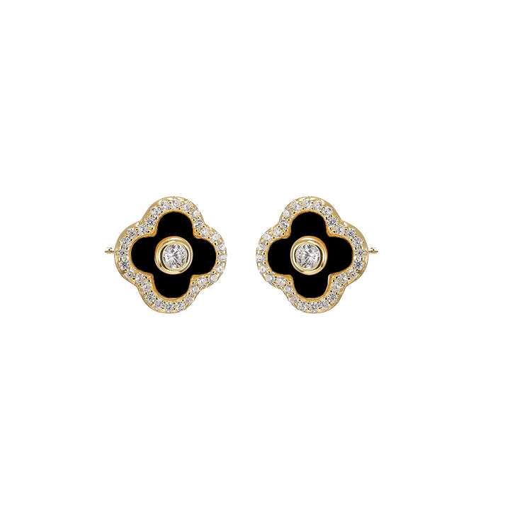 Onyx Pave Outlined Colored Stone Clover Stud Earring - Adina Eden's Jewels