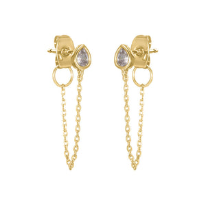 Gold CZ Teardrop Bezel Drop Chain Stud Earring - Adina Eden's Jewels