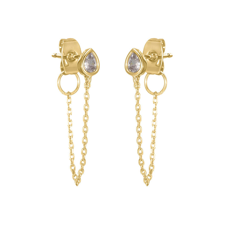 Gold CZ Teardrop Bezel Drop Chain Stud Earring - Adina Eden's Jewels