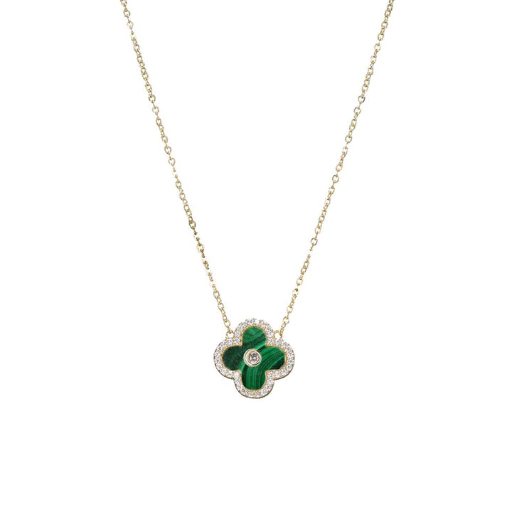 Malachite Pave Outlined Colored Stone Clover Necklace - Adina Eden's Jewels