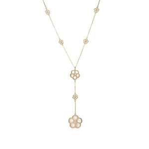 Mother of Pearl Multi CZ Pave Outlined Colored Flower Stone Lariat Necklace - Adina Eden's Jewels