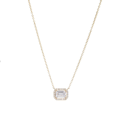 Gold Pave Outlined Baguette Solitaire Pendant Necklace - Adina Eden's Jewels