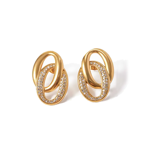 Gold Solid/Pave Double Link Stud Earring - Adina Eden's Jewels