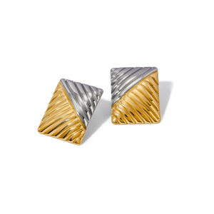 Two Tone Rectangular Ridged Statement Stud Earring - Adina Eden's Jewels