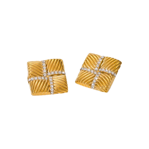 Gold Pave Accented Ridged Square On The Ear Stud Earring - Adina Eden's Jewels