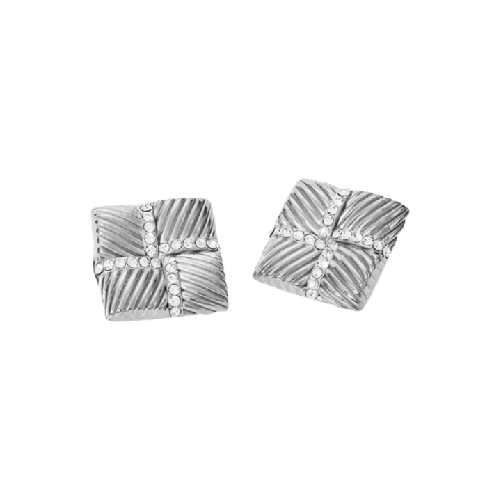 Silver Pave Accented Ridged Square On The Ear Stud Earring - Adina Eden's Jewels