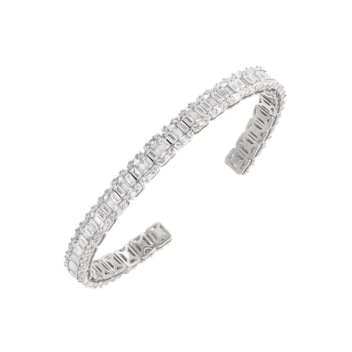 Silver Illusion CZ X Baguette Tennis Open Bangle Bracelet - Adina Eden's Jewels