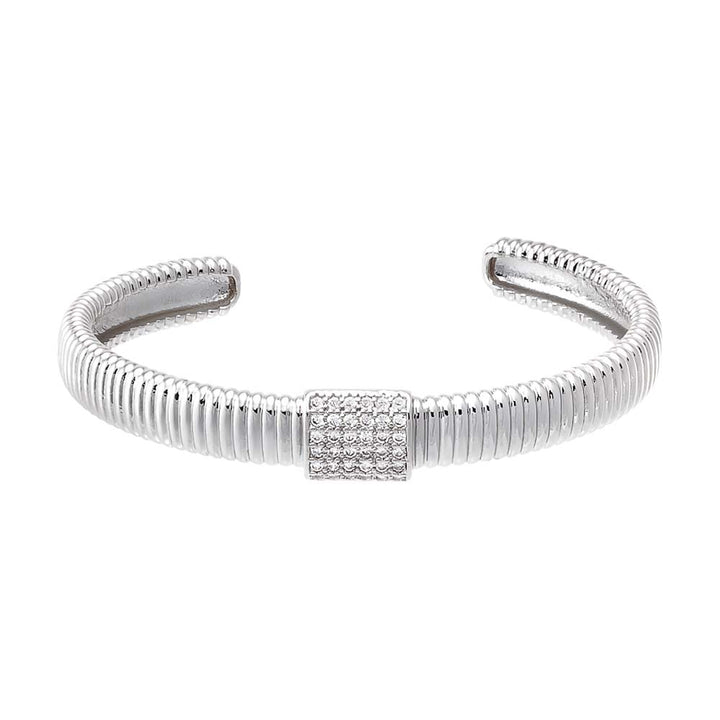  Pave Accented Ridged Open Bangle Bracelet - Adina Eden's Jewels