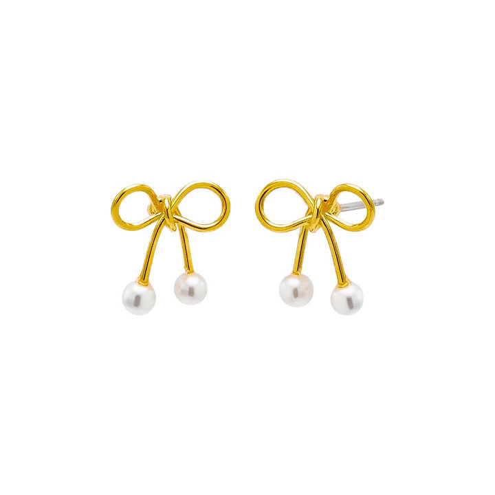 Gold Solid Bow Tie X Pearl Stud Earring - Adina Eden's Jewels