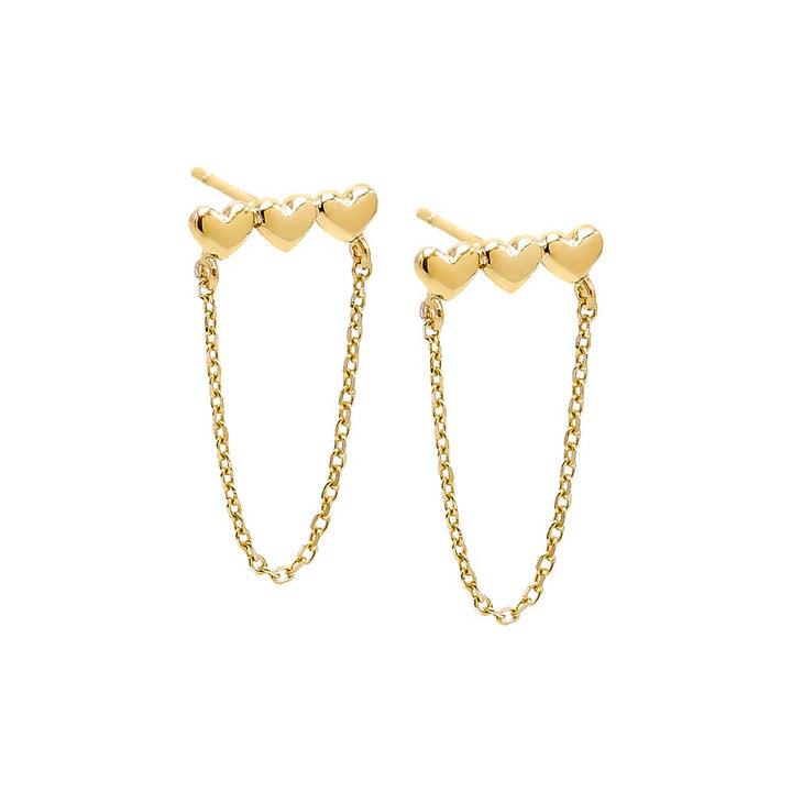 14K Gold / Pair Solid Triple Heart Drop Chain Stud Earring 14K - Adina Eden's Jewels