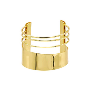 Gold Solid Wide Lined Cuff Bangle Bracelet - Adina Eden's Jewels