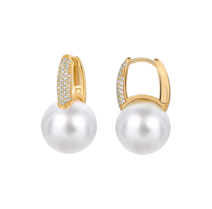 Pearl White Pave X Drop Pearl Square Huggie Earring - Adina Eden's Jewels