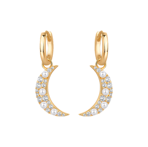 Pearl White CZ & Pearl Crescent Drop Huggie Earring - Adina Eden's Jewels