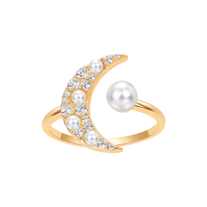 Pearl White / 6 CZ & Pearl Crescent Open Claw Ring - Adina Eden's Jewels