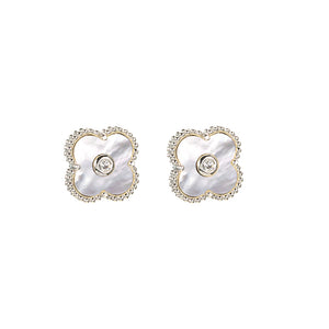 Mother of Pearl CZ Bezel Colored Stone Clover Stud Earring - Adina Eden's Jewels