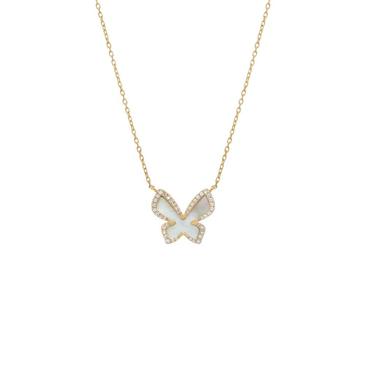 14K Gold / Pair Diamond X Mother Pearl Butterfly Necklace 14K - Adina Eden's Jewels