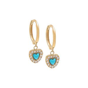 Gold / Turquoise / Pair Dangling Pave Outline Turquoise Heart Huggie Earring 14K - Adina Eden's Jewels