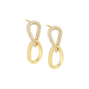 Gold / Pair Curved Pave/Solid Drop Link Stud Earring - Adina Eden's Jewels