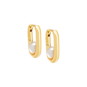 Pearl White / Pair Solid Oval X Pearl Huggie Earring - Adina Eden's Jewels