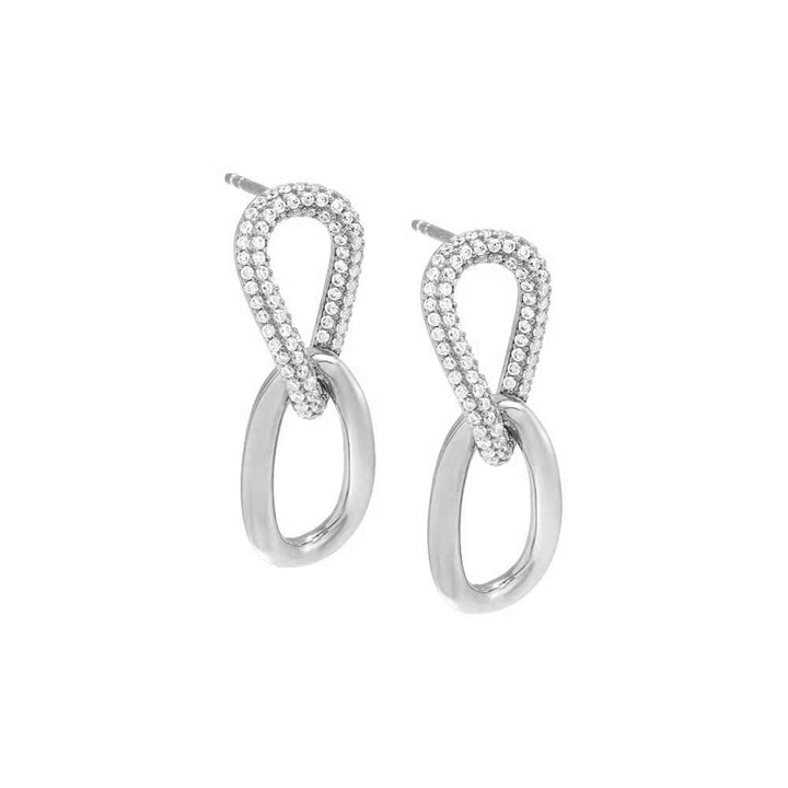 Silver / Pair Curved Pave/Solid Drop Link Stud Earring - Adina Eden's Jewels