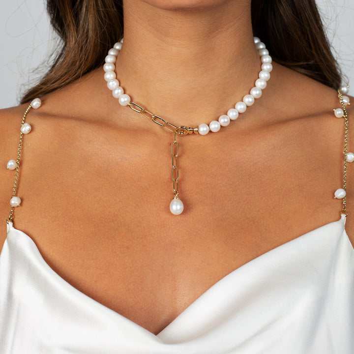  Pearl X Paperclip Chain Lariat Necklace 14K - Adina Eden's Jewels